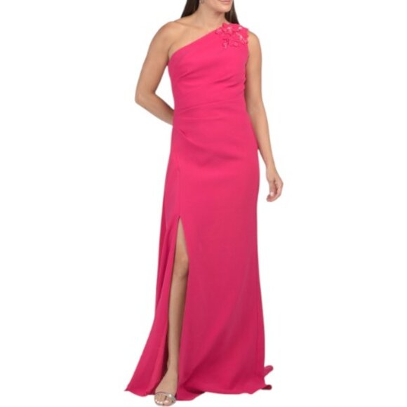 TERI JON Stretch Crepe Texture One Shoulder Dress With Flower Detail And Drape - Picture 1 of 3